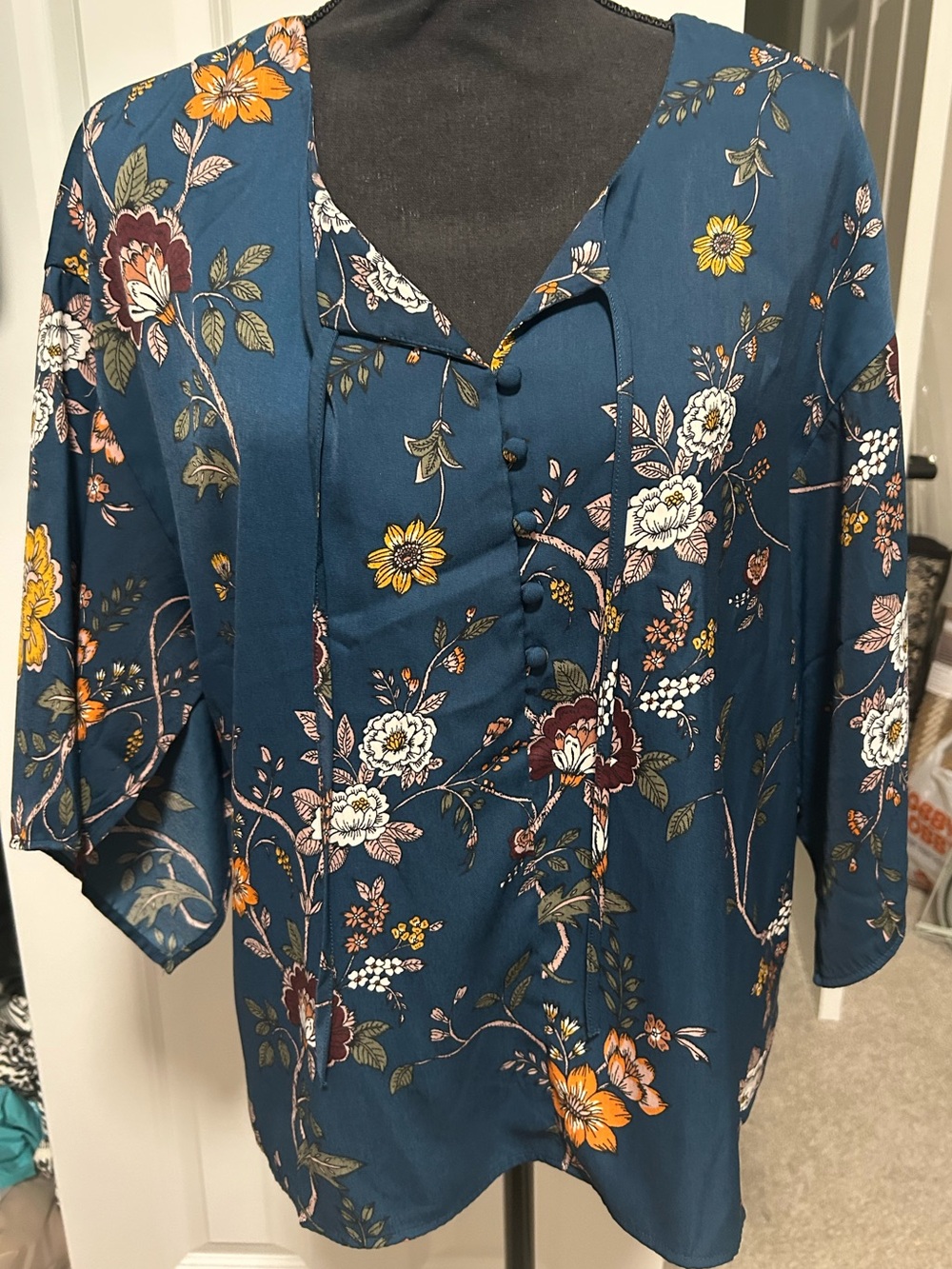 Teal Floral Blouse with Tie NWT
